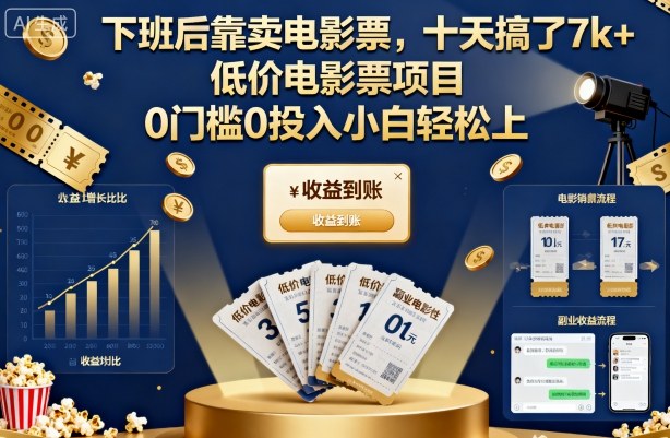下班后靠卖电影票，十天搞了7k+，低价电影票项目，0门槛0投入小白轻松上手【揭秘】——生财有道创业项目网