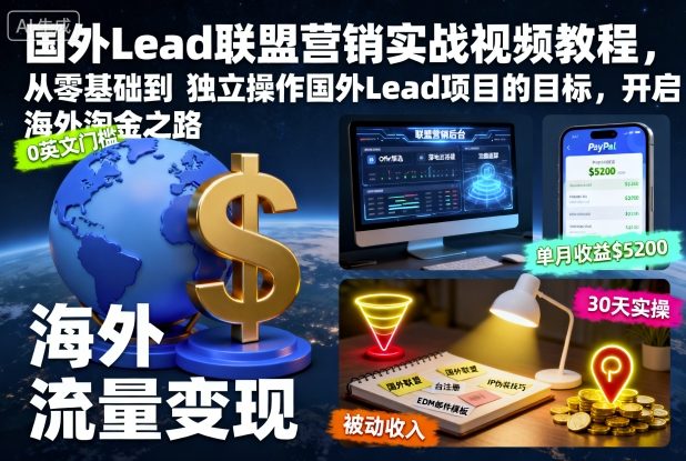 国外Lead联盟营销实战视频教程，从零基础到独立操作国外Lead项目的目标，开启海外淘金之路——生财有道创业项目网