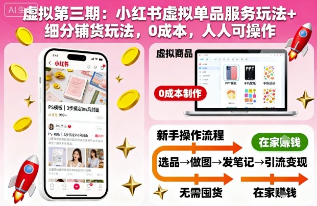 虚拟第三期：小红书虚拟单品服务玩法+细分铺货玩法，0成本，人人可操作——生财有道创业项目网