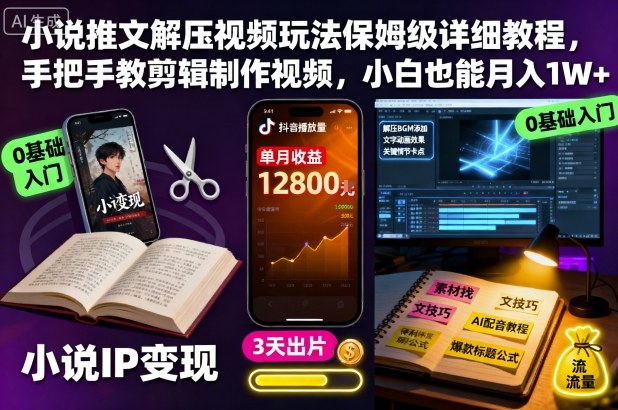 小说推文解压视频玩法保姆级详细教程，手把手教剪辑制作视频，小白也能月入1W+——生财有道创业项目网