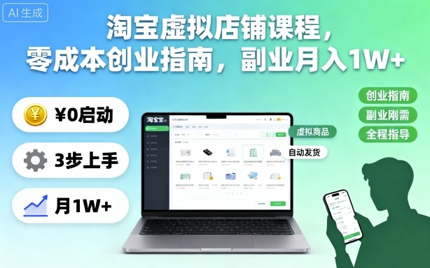 淘宝虚拟店铺课程，零成本创业指南，副业月入1W+——生财有道创业项目网