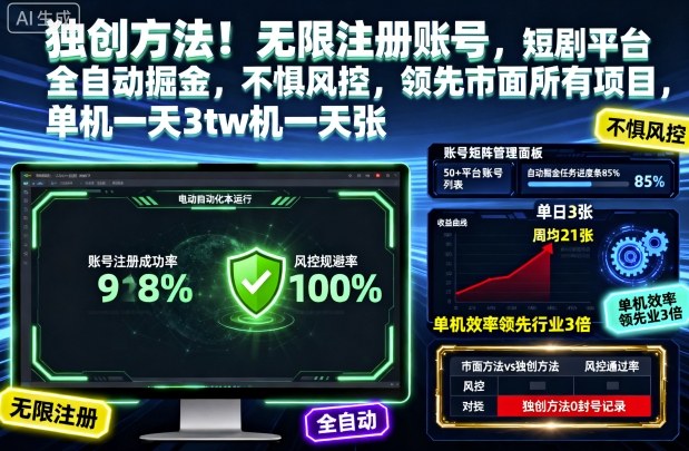 独创方法！无限注册账号，短剧平台全自动掘金，不惧风控，领先市面所有项目，单机一天3张【揭秘】——生财有道创业项目网