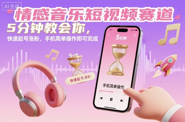 情感音乐短视频赛道，5分钟教会你，快速起号涨粉，手机简单操作即可完成——生财有道创业项目网