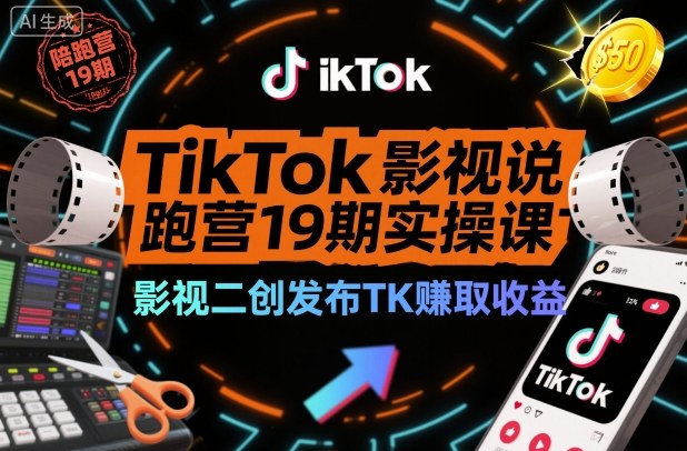 TikTok影视解说陪跑营19期实操课，影视二创发布TK賺取收益，万播收益50美金——生财有道创业项目网