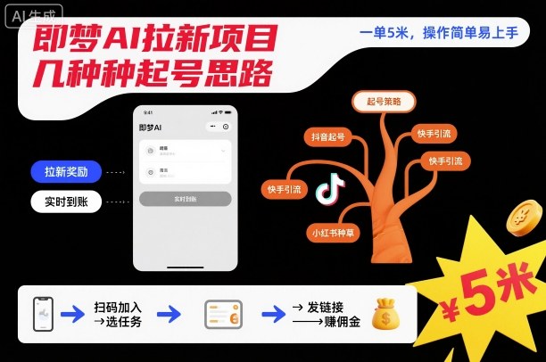 即梦AI拉新项目几种起号思路，一单5米，操作简单易上手——生财有道创业项目网