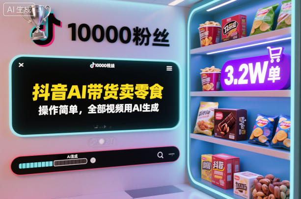 抖音AI带货卖零食，操作简单，全部视频用AI生成，一万粉丝，卖了3.2W单——生财有道创业项目网