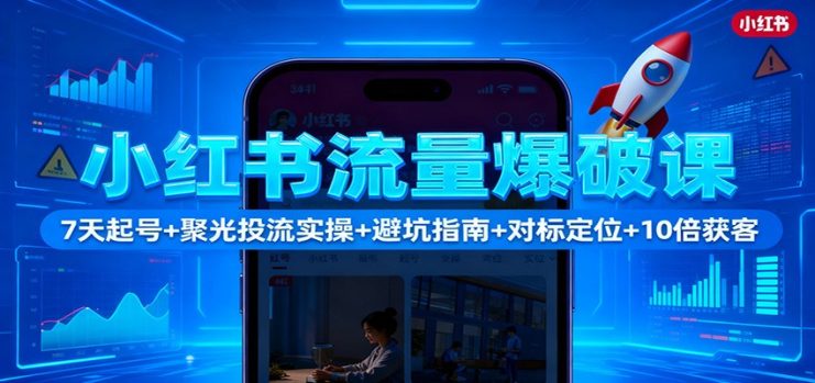 小红书流量爆破课：7天起号+聚光投流实操+避坑指南+对标定位+10倍获客_生财有道创业网