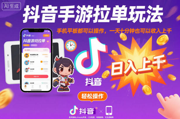 抖音手游拉单玩法，手机平板都可以操作，一天十分钟也可以收入上K【揭秘】——生财有道创业项目网