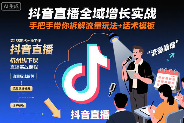 抖音直播全域增长实战第155期杭州线下课，手把手带你拆解流量玩法+话术模板——生财有道创业项目网