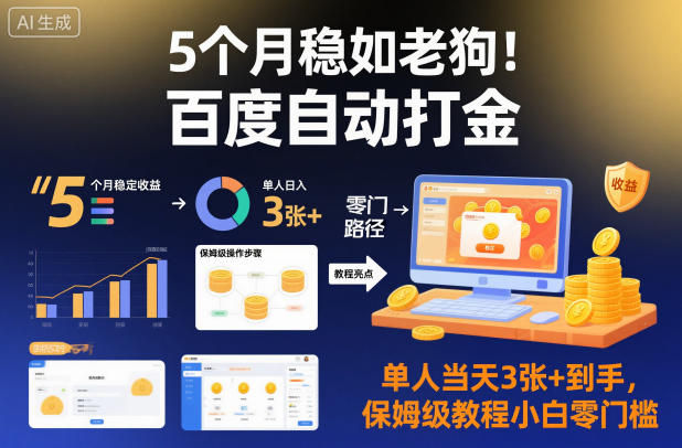 5个月稳如老狗！百度自动打金，单人当天3张+到手，保姆级教程小白零门槛【揭秘】——生财有道创业项目网