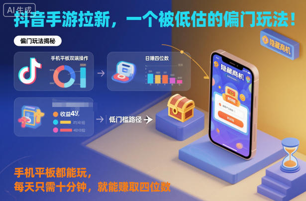抖音手游拉新，一个被低估的偏门玩法！手机平板都能玩，每天只需十分钟，就能賺取四位数【揭秘】——生财有道创业项目网