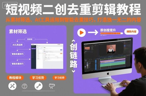 短视频二创去重剪辑教程，从素材筛选、AI工具运用到智能去重技巧，打造独一无二的内容——生财有道创业项目网