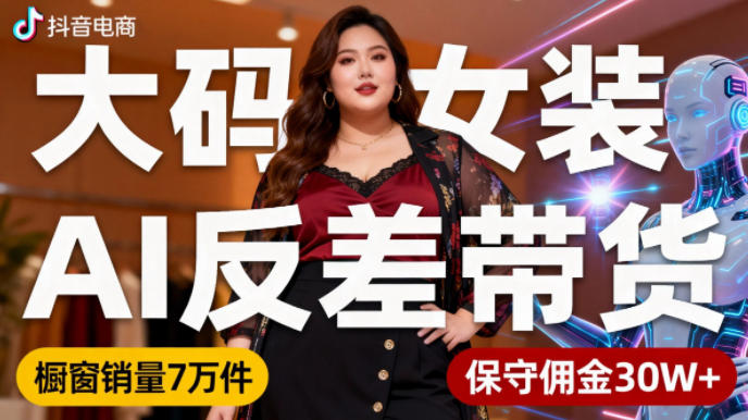 抖音小众赛道，大码女装AI反差带货，不用直播，每天6条作品，橱窗卖7万件，保守佣金30W+——生财有道创业项目网
