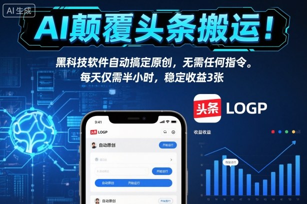 AI颠覆头条搬运！黑科技软件自动搞定原创，无需任何指令。每天仅需半小时，稳定收益3张【揭秘】——生财有道创业项目网
