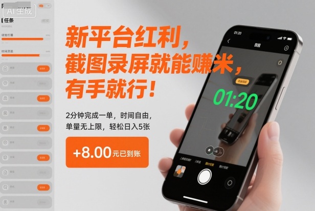 新平台红利，截图录屏就能賺米，有手就行！2分钟完成一单，时间自由，单量无上限，轻松日入5张【揭秘】——生财有道创业项目网