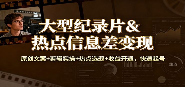 大型纪录片&热点信息差变现：原创文案+剪辑实操+热点选题+收益开通，快速起号_生财有道创业网