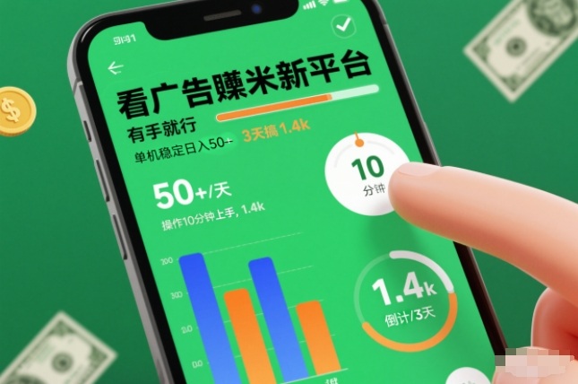 图片[1]-看广告賺米新平台，有手就行，单机稳定日入50+，操作10分钟上手，3天搞了1.4k【揭秘】——生财有道创业项目网-生财有道