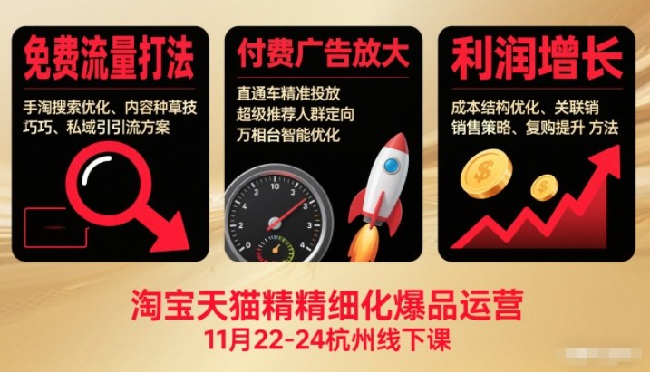 淘宝天猫精细化爆品运营11月22-24杭州线下课，免费流量打法+付费广告放大+利润增长（音频+文档）——生财有道创业项目网
