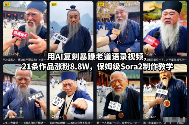 图片[1]-用AI复刻暴躁老道语录视频，21条作品涨粉8.8W，保姆级Sora2制作教学——生财有道创业项目网-生财有道