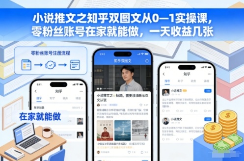 小说推文之知乎双图文从0—1实操课，零粉丝账号在家就能做，一天收益几张——生财有道创业项目网