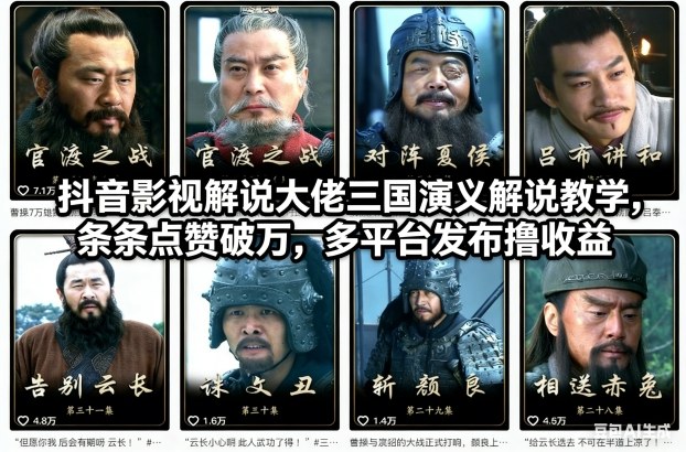 抖音影视解说大佬三国演义解说教学，条条点赞破万，多平台发布撸收益——生财有道创业项目网