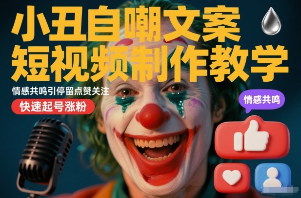 小丑自嘲文案短视频制作教学，情感共鸣引停留点赞关注，快速起号涨粉——生财有道创业项目网