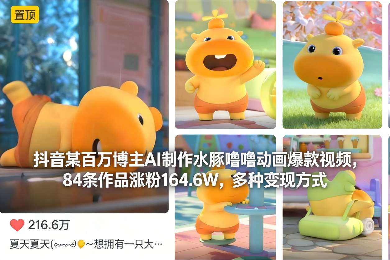 图片[1]-抖音某百万博主AI制作水豚噜噜动画爆款视频，84条作品涨粉164.6W，多种变现方式——生财有道创业项目网-生财有道