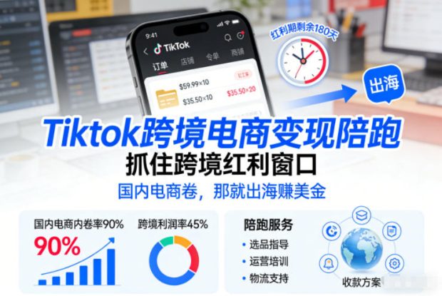 Tiktok跨境电商变现陪跑，抓住跨境红利窗口，国内电商卷，那就出海賺美金——生财有道创业项目网