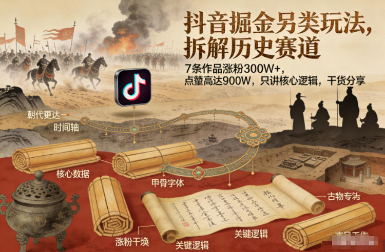 图片[1]-抖音掘金另类玩法，拆解历史赛道，7条作品涨粉300W+，点赞量高达900W，只讲核心逻辑，干货分享——生财有道创业项目网-生财有道