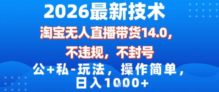 2026最新技术，淘宝无人直播带货14.0，不封号，不违规，公+私玩法，操作简单，日入1k【揭秘】——生财有道创业项目网