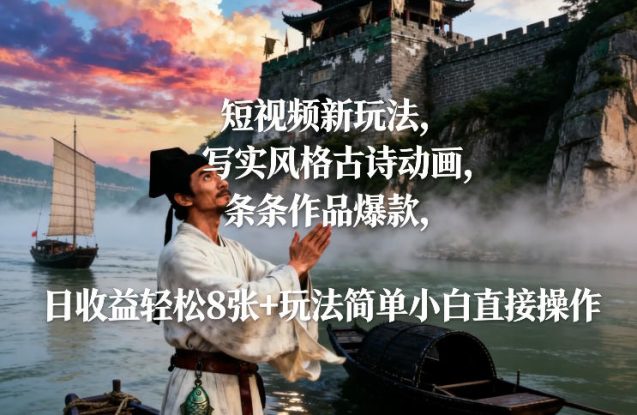 短视频新玩法，写实风格古诗动画，条条作品爆款，日收益轻松8张+玩法简单小白直接操作——生财有道创业项目网