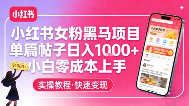 小红书女粉黑马项目，单篇帖子日入1k+，小白零成本上手——生财有道创业项目网