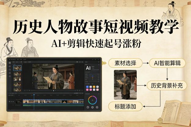 历史人物故事短视频教学，AI+剪辑制作历史人物题材短视频，快速起号涨粉——生财有道创业项目网