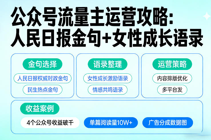 图片[1]-利用人民日报金句+女性成长语录做公众号流量主，4个公众号收益破千——生财有道创业项目网-生财有道