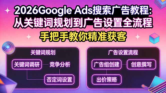（17641期）2026Google Ads搜索广告教程：从关键词规划到广告设置全流程，手把手教你精准获客_生财有道创业项目网