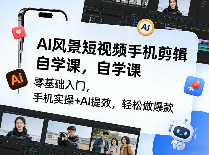 图片[1]-AI风景短视频手机剪辑自学课，零基础入门，手机实操+AI提效，轻松做爆款——生财有道创业项目网-生财有道