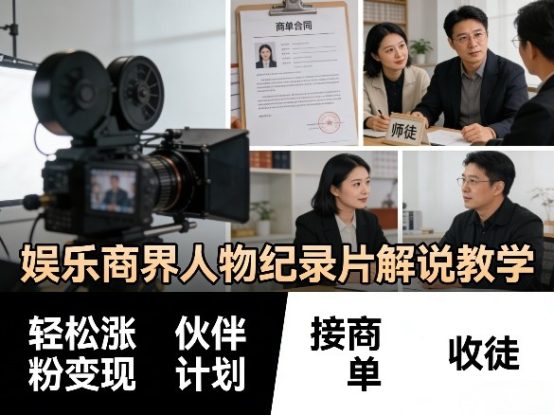 娱乐商界人物纪录片解说教学，轻松涨粉变现，伙伴计划，接商单，收徒等——生财有道创业项目网