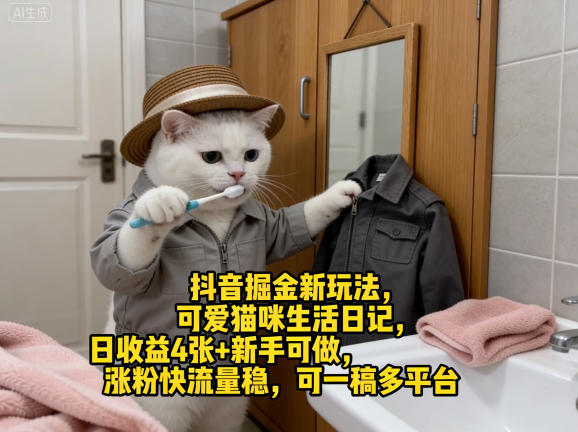 图片[1]-抖音掘金新玩法，可爱猫咪生活日记，日收益4张+新手可做，涨粉快流量稳，可一稿多平台——生财有道创业项目网-生财有道
