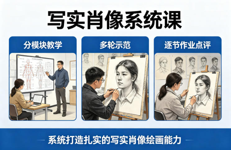 图片[1]-写实肖像系统课，全程分模块教学+多轮示范+逐节作业点评，系统打造扎实的写实肖像绘画能力——生财有道创业项目网-生财有道