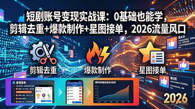 （18160期）短剧账号变现实战课：0基础也能学，剪辑去重+爆款制作+星图接单，2026流量风口_生财有道创业项目网