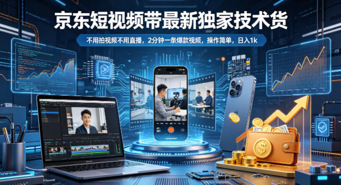 京东短视频带货最新独家技术，不用拍视频不用直播，2分钟一条爆款视频，操作简单，日入1k+【揭秘】——生财有道创业项目网