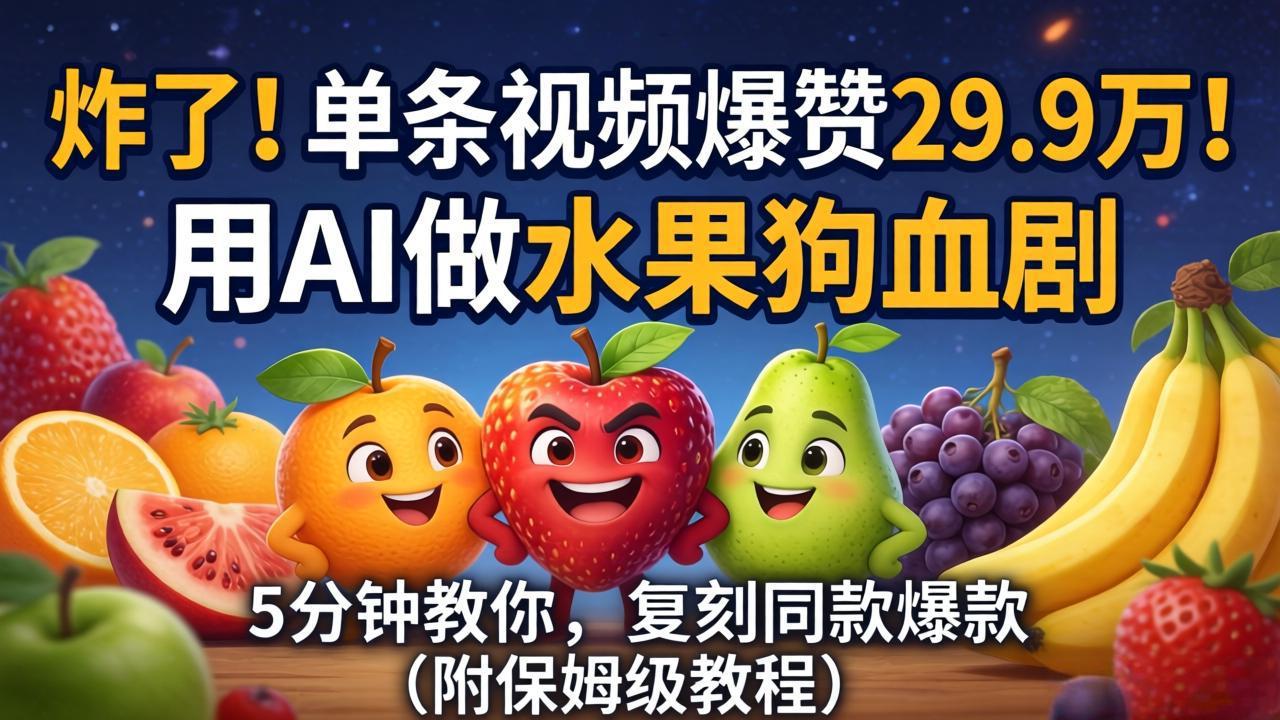 图片[1]-（18206期）炸了！单条视频爆赞 29.9 万！用 AI 做水果狗血剧，5 分钟教你，复刻同款爆款（附保姆级教程）_生财有道创业项目网-生财有道