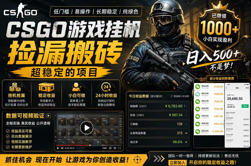 图片[1]-CSGO游戏搬砖，全自动挂G，不需要玩游戏，手机操作日入300+，解放双手【揭秘】——生财有道创业项目网-生财有道