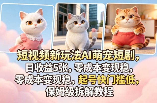 短视频新玩法AI萌宠短剧，日收益5张，零成本变现稳，起号快门槛低，保姆级拆解教程——生财有道创业项目网