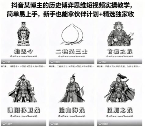 抖音某博主的历史博弈思维短视频实操教学，简单易上手，新手也能拿伙伴计划+精选独家收益——生财有道创业项目网