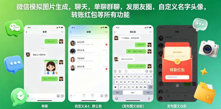 微信模拟图片生成，聊天，单聊群聊，发朋友圈，自定义名字头像，转账红包等所有功能都可以生成——生财有道创业项目网