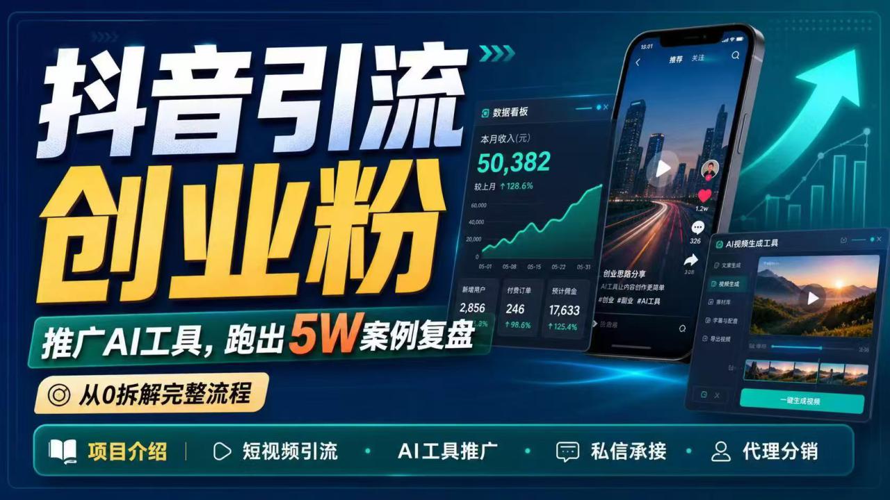 图片[1]-（18583期）抖音引流创业粉推广AI工具，一个月跑出5W案例复盘，从0拆解完整流程_生财有道创业项目网-生财有道