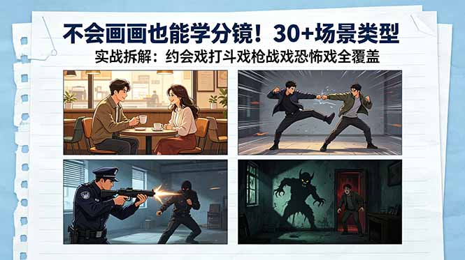 （18591期）不会画画也能学分镜！30+场景类型实战拆解：约会戏打斗戏枪战戏恐怖戏全覆盖_生财有道创业项目网
