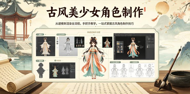 古风美少女角色制作，从建模到渲染全流程，手把手教学，一站式掌握古风角色制作技巧——生财有道创业项目网