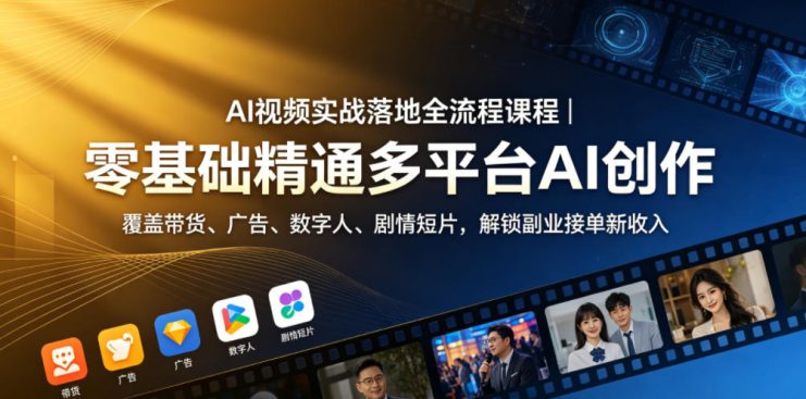 AI视频实战落地全流程课程|零基础精通多平台AI创作,覆盖带货、广告、数字人、剧情短片,解锁副业接单新收入——生财有道创业项目网